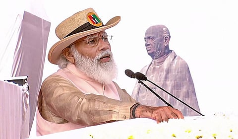 Prime Minister Narendra Modi addresses on 'Rashtriya Ekta Diwas' on 145th birth anniversary of India's first Home Minister Sardar Vallabhbhai Patel, in Kevadia. (Photo | PTI)