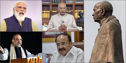 (Clockwise) President Ram Nath Kovind, PM Narendra Modi, Sardar Vallabhbhai Patel, M Venkaiah Naidu and Amit Shah. (File photos| PTI and ANI)