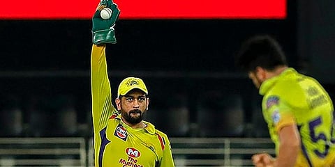 Chennai Super Kings skipper MS Dhoni during an IPL 2020 match against Kings XI Punjab at Sharjah Cricket Stadium. (Photo| Twitter)