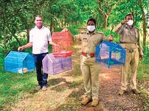 Forest personnel with the caged parrots | Express