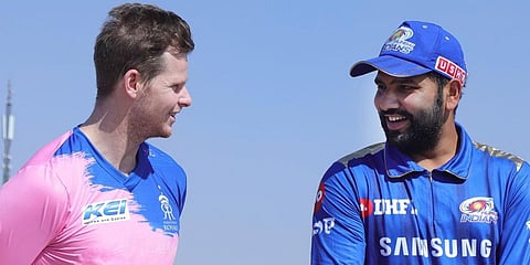 Rajasthan Royals skipper Steve Smith (L) and Mumbai Indians captain Rohit Sharma (Photo| Facebook)