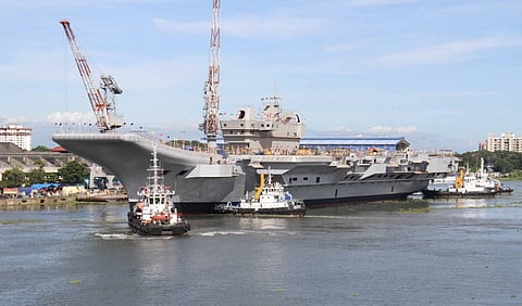 This handout photograph taken and released by The Indian Navy shows aircraft carrier INS Vikrant - India's largest indigenously built warship. (Photo | AFP)