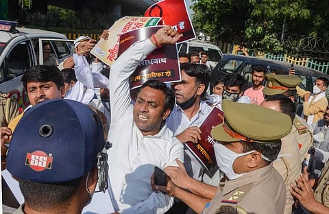 Police personnel lathi-charge on Congress workers protesting over the death of Hathras gang-rape victim in Noida Wednesday Sept. 30 2020. (Photo | PTI)