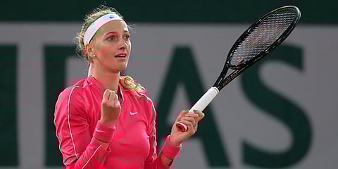 Petra Kvitova celebrates winning her fourth round match of the French Open tournament against Zhang Shuai in two sets 6-2, 6-4, at the Roland Garros Stadium in Paris. (Photo | AP)