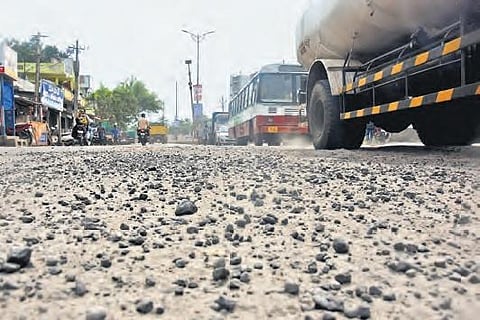 A road near Kabela in city gives back-breaking rides to commuters. (Photo | EPS/P Ravindra Babu)