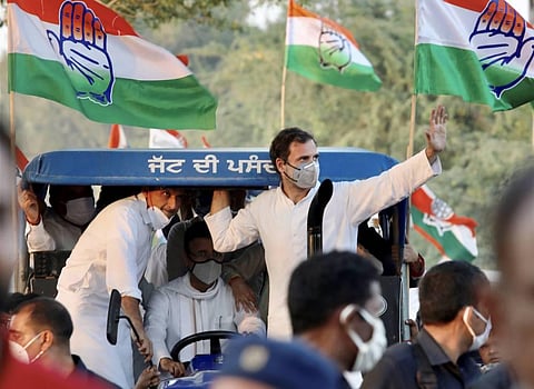 Senior Congress leader Rahul Gandhi during 'Kheti Bachao Yatra' a protest rally against the new farm bills in Pehowa. (Photo | PTI)