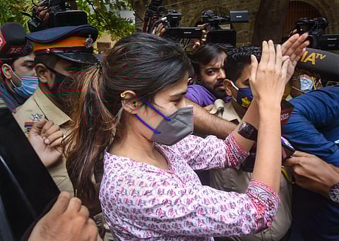 Rhea Chakraborty outside NCB office. (File photo | PTI)