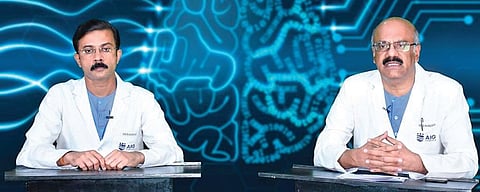 Chairman of AIG Hospitals Dr D Nageshwar Reddy and Director of Endoscopy Dr Rakesh Kalapala address the media at AIG Hospitals on Tuesday.