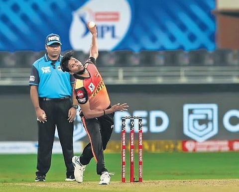 T Natarajan in action during the IPL