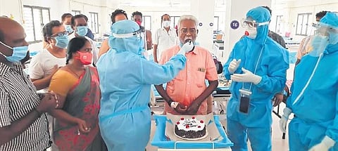 Doctors and nurses at Government Covid Hospital, King Institute celebrating Krishnan’s 80th birthday on Wednesday | Express