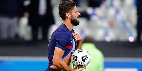 France's Olivier Giroud celebrates after scoring his side's second goal during their friendly against Ukraine. (Photo | AP)