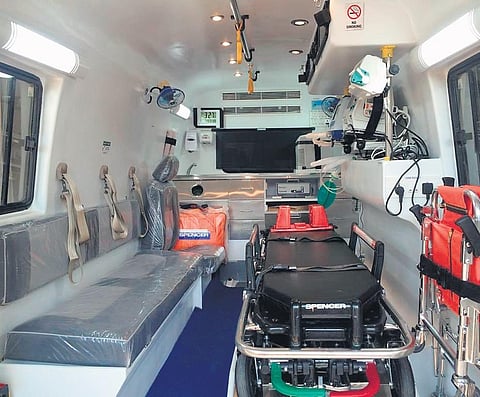 The ambulances are equipped with mechanical ventilators, non-invasive BPap and CPap, pulse oximeters, head immobilisers and wheelchairs