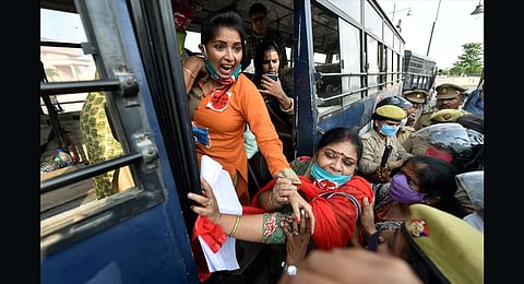 All India Democratic Women's Association AIDWA activists stage a protest demanding justice for the Hathras victim in Lucknow. (Photo | PTI)