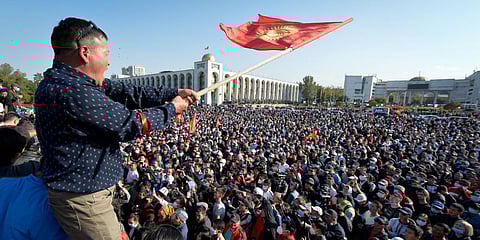 People protest during a rally against the results of a parliamentary vote in Bishkek, Kyrgyzstan. (Photo| AP)