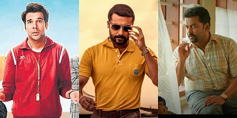 A still from 'Chhalaang', 'Soorarai Pottru' and 'Halal Love Story'. (Photos | Poster, Screenshots)