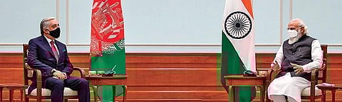 PM Modi with head of Afghan Peace Council Abdullah Abdullah in New Delhi | PTI