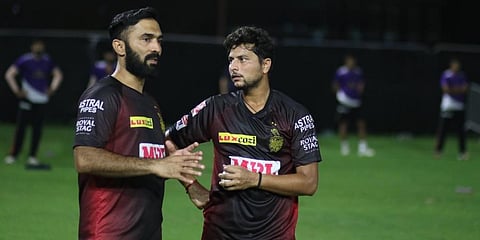 KKR spinner Kuldeep Yadav (R) with captain Dinesh Karthik. (Photo | KKR Twitter)