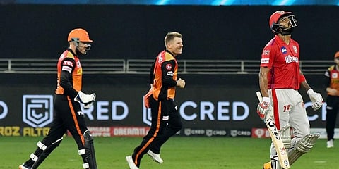 David Warner and his teammates celebrate the wicket of Kings XI Punjab batsman KL Rahul. (Photo | PTI)