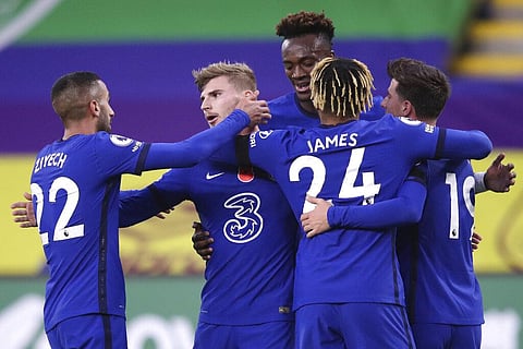 Chelsea's Timo Werner, 2nd from left, celebrates with team mates after scoring his side's third goal during an English Premier League match. (Photo | AP)