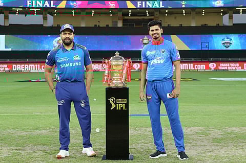 Shreyas Iyer captain of Delhi Capitals and Rohit Sharma captain of Mumbai Indians at the toss during the final. (Photo | IPLT20/BCCI)