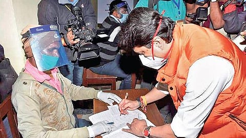 BJP’s Jyotiraditya Scindia at a poll booth in Gwalior, Madhya Pradesh | PTI