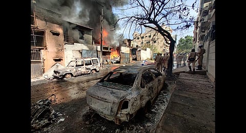 Four employees, who were trapped in the factory were rescued unhurt. (Photo | Ashishkrishna HP, EPS)