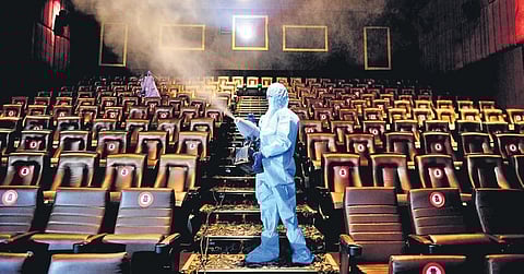 Ahead of reopening, a multiplex is getting disinfected at Phoenix Market Complex in Chennai on Monday | debadatta mallick