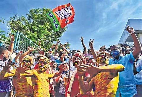 BJP supporters celebrate the party’s victory in Bengaluru on Tuesday | Shriram BN