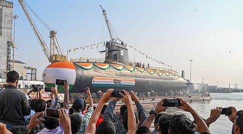 The fifth scorpene class submarine 'Vagir' of Project 75 during its launch in Arabian Sea waters by Minister of State for Defence Shripad Naik. (Photo | PTI)