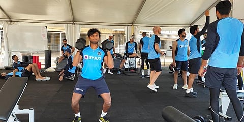 Indian pacer T Natarajan working out alongside other teammates. (Photo | BCCI Twitter)