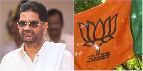 South Canara DCC Bank chairman MN Rajendra Kumar (L) and BJP flag (Photo| PTI and Facebook)