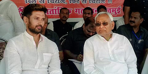 LJP president Chirag Paswan (L) with Bihar CM Nitish Kumar (Photo | PTI)