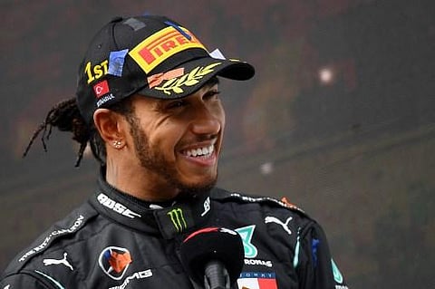 Mercedes' British driver Lewis Hamilton gives an interview after winning the Turkish Formula One Grand Prix at the Intercity Istanbul Park circuit in Istanbul on November 15, 2020. (Photo | AFP)