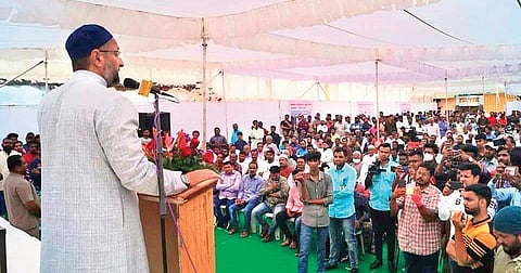 AIMIM president Asaduddin Owaisi addresses public during the stone-laying of the new building of Owaisi School of Excellence at Chandrayangutta on Sunday.
