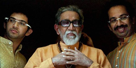 Then Shiv Sena chief Bal Thackeray along with his son, Uddhav Thackeray and grandson, Aditya Thackeray at his residence Matoshree. (File Photo | PTI)