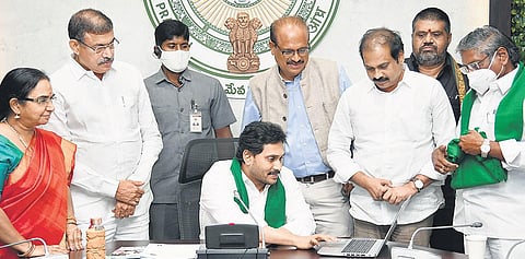 CM Jagan Mohan Reddy releases interest subsidy for Kharif 2019 crop loans under the YSR Sunna Vaddi Panta Runalu Scheme in Tadepalli on Tuesday | Express