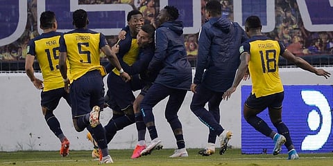 Ecuador's Gonzalo Plata, third left, celebrates with teammates after scoring a goal against Colombia during a qualifying soccer match for the FIFA World Cup Qatar 2022 in Quito. (Photo | AP)