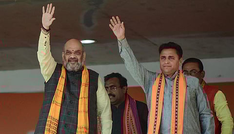 File photo of Bharatiya Janata Party President Amit Shah and BJP National Secretary Sunil Deodhar during a rally at Swami Vivekananda maidan in Agartala. (Photo | PTI)