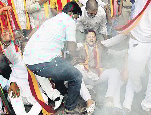 Members of various pro-Kannada groups protest against the state government’s decision to sanction `50 crore for the newly-formed Maratha Welfare Board. The protest was held at Mysuru Bank Circle, Ben