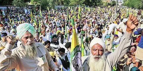 Farmers at a protest against three central farm laws in Bathinda on Wednesday | Pti