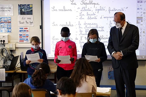 French Prime Minister Jean Castex attends a homage to slain history teacher Samuel Paty, Monday at a school in Paris. (Photo | AP)