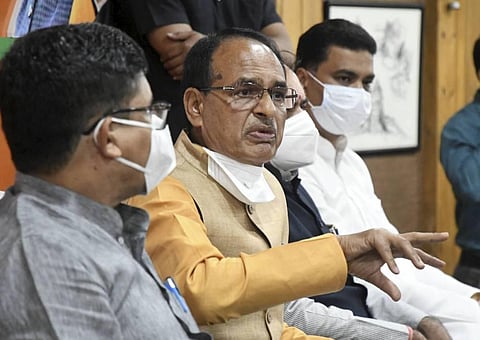 Madhya Pradesh Chief Minister Shivraj Singh Chouhan addresses a press conference at BJP HQ in Bhopal Friday Nov. 20 2020. (Photo | PTI)