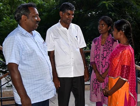 S Ramya and P Bistis Prisca arrives for medical counselling with their hschool Headmaster A Bellie and teacher R Arul Shiva. (Photo | R Satish Babu, EPS)