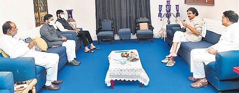 Union Minister of State for Home Affairs G Kishan Reddy, along with BJP OBC national president K Laxman, with Jana Sena Party chief Pawan Kalyan at Nadendla Manohar’s residence in Hyderabad on Friday