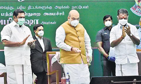 Union Home Minister Amit Shah launches projects worth `67,378 crore in Chennai on Saturday. CM Palaniswami and Dy CM Panneerselvam are also seen;