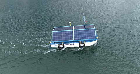 The Solar-powered Unmanned Autonomous Survey Craft, developed by NTCPWC-IIT Madras,being field tested off the Chennai Coast at Kamarajar Port. (Photo | Special Arrangement)