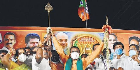 BJP State president L Murugan during Vel Yatra at Sivanatha colony in Coimbatore on Sunday evening. (Photo | U Rakesh Kumar, EPS)