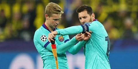 Barcelona's Frankie De Jong and Leo Messi (File Photo | AFP)