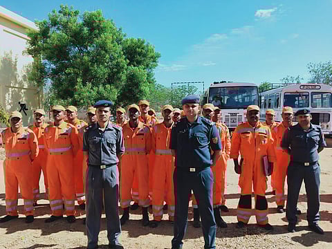 An NDRF team getting ready to move out from the unit office in Arakkonam