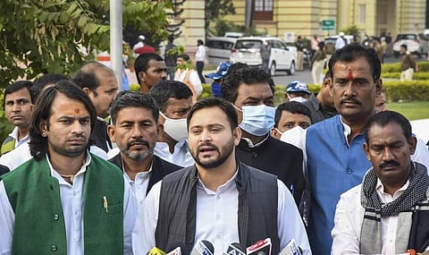 Tejaswi Yadav addresses media outside Bihar Assembly during the inaugural session of the 17th Bihar Vidhan Sabha in Patna Monday Nov. 23 2020. (Photo | PTI)